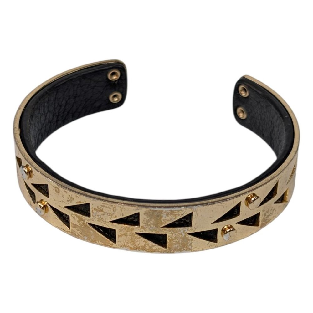 Vtg Stella Dot Addison Cuff Bracelet Gold Tone Black Leather Geometric Cutout